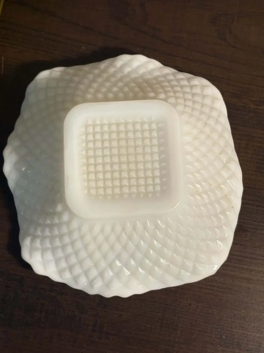 Vintage Hazel Atlas Milk Glass Square Dish w Quilt Pattern & Scalloped Edge